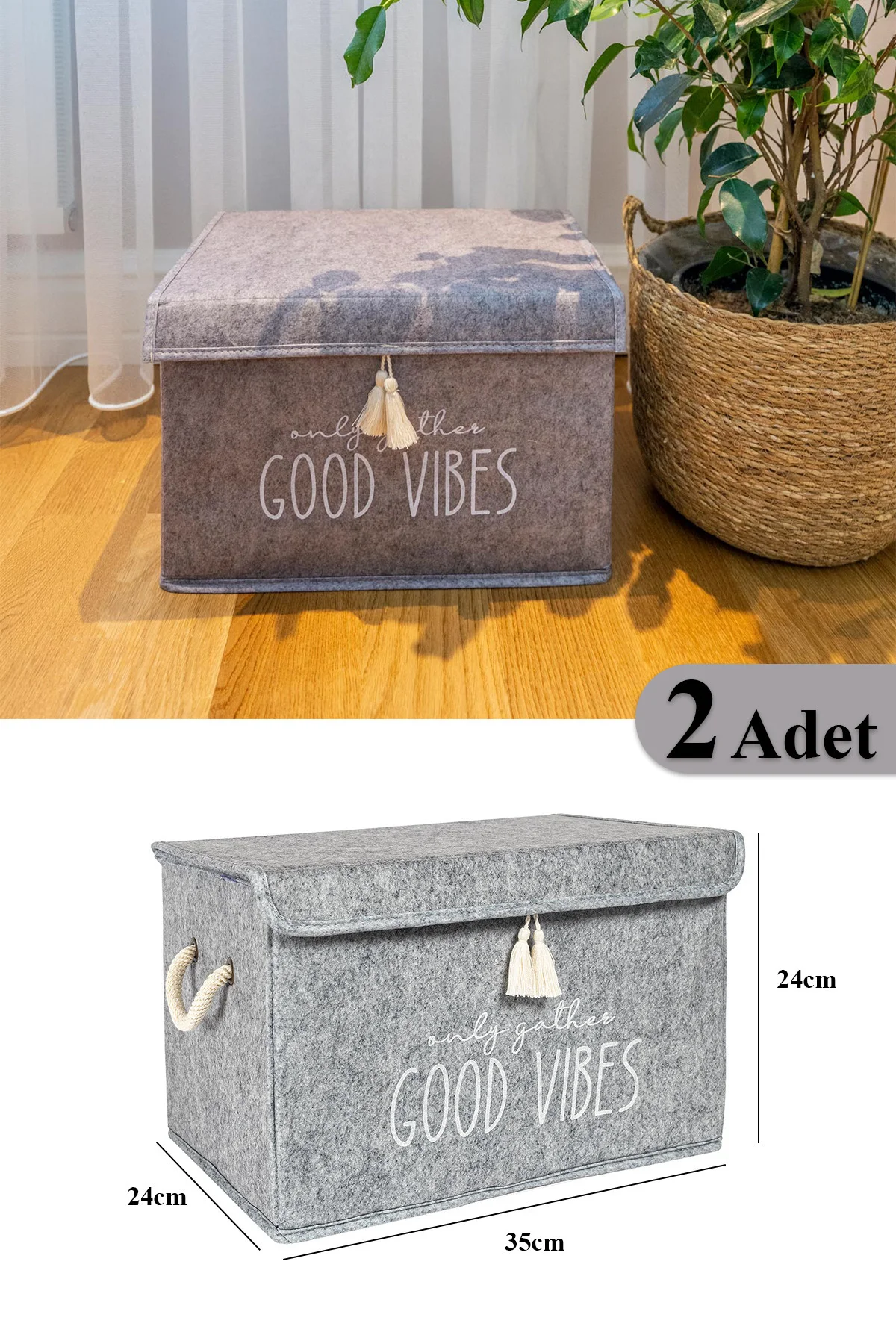 2 Adet Keçe Kapaklı Çok Amaçlı Mini Kutu Gri 35x24x24 Cm
