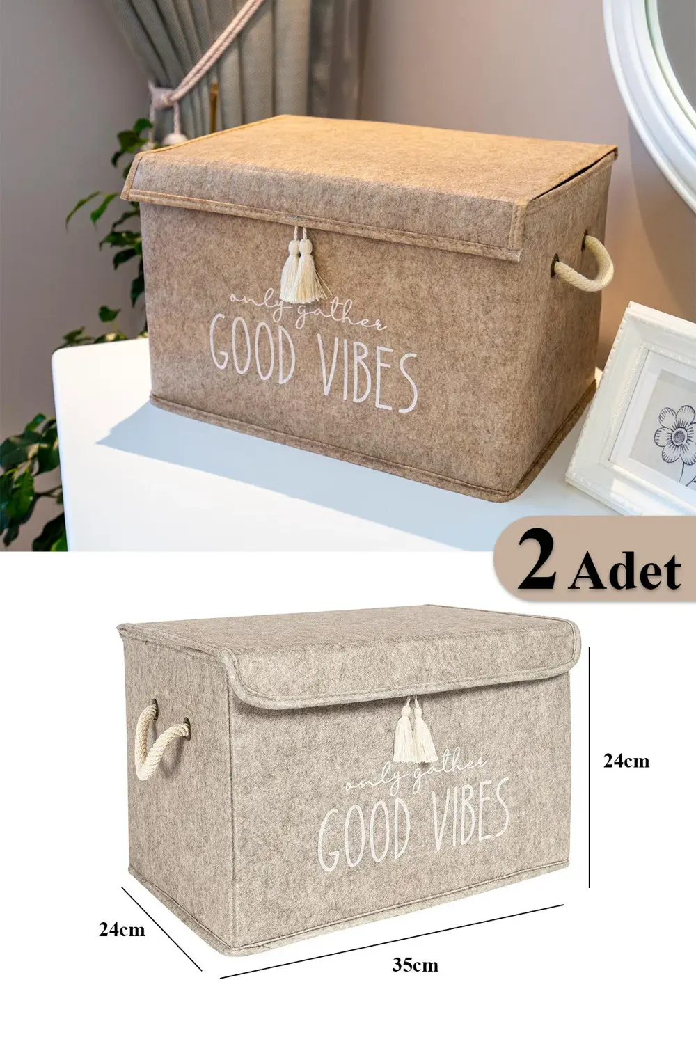 2 Adet Keçe Kapaklı Çok Amaçlı Mini Kutu Bej 35x24x24 Cm