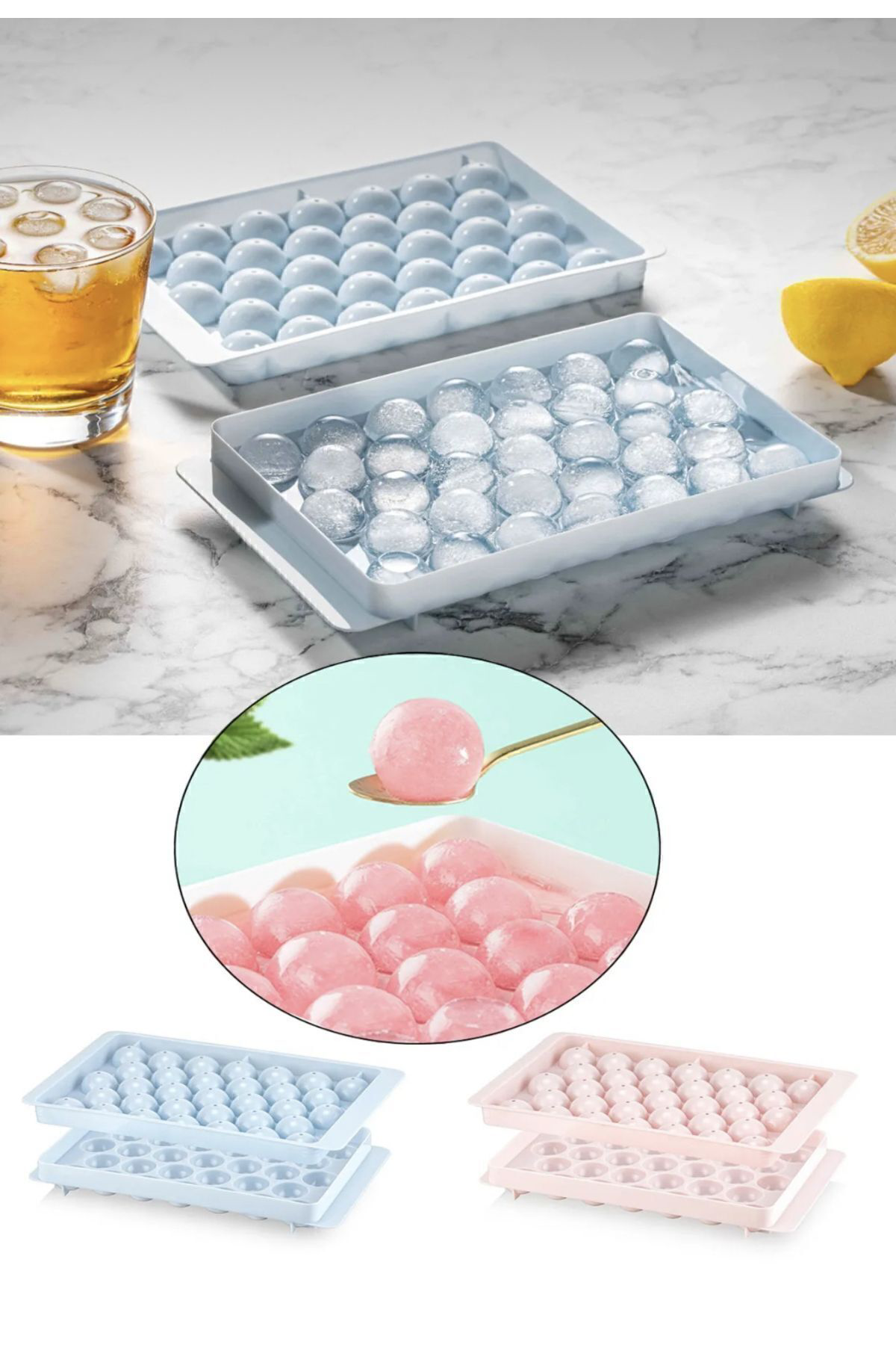 2 ADET LİV Küre Buz Kalıbı Kapaklı 33 Hazneli Yuvarlak Buz Kalıbı