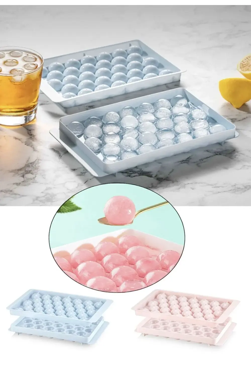 2 ADET LİV Küre Buz Kalıbı Kapaklı 33 Hazneli Yuvarlak Buz Kalıbı