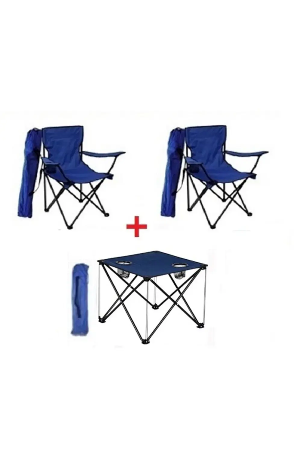 2 Adet Mavi / Lacivert Katlanır Kamp Sandalyesi 1 Adet Masa Pikni
