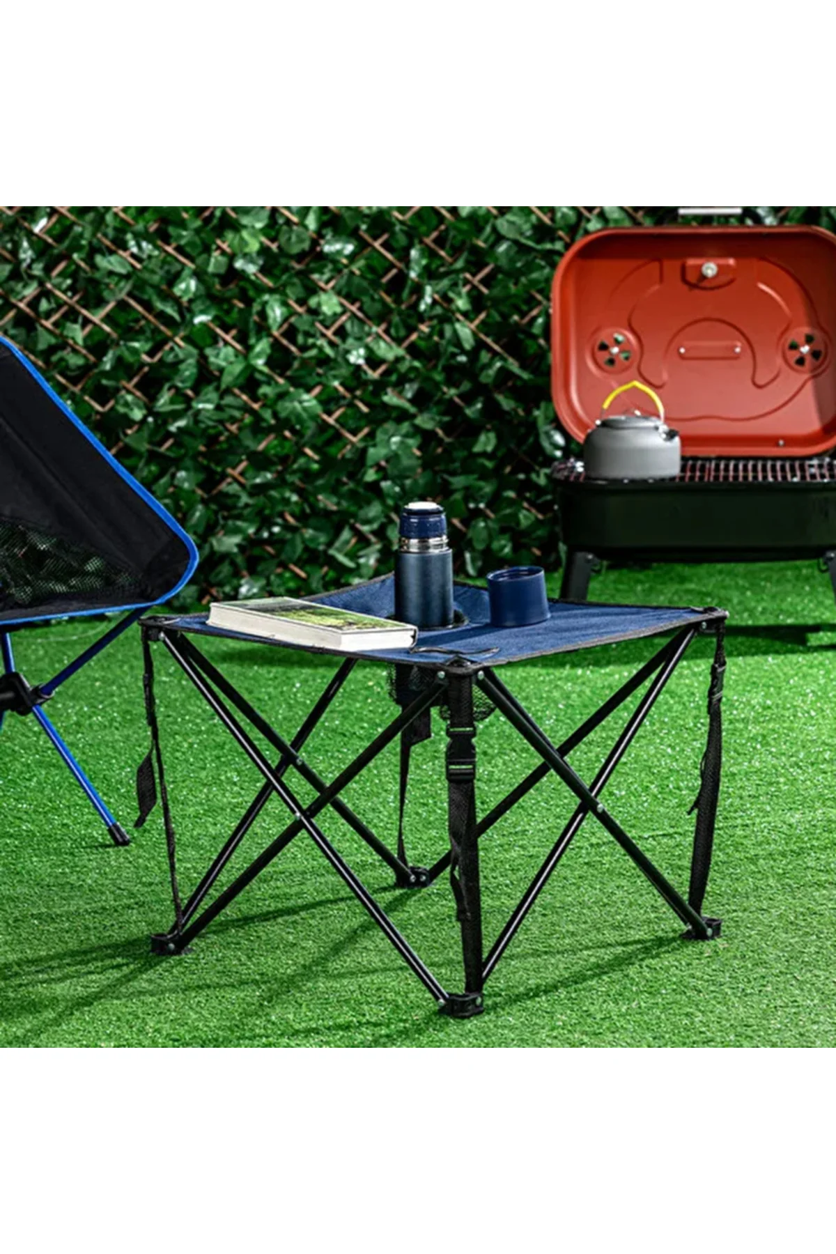 2 Adet Mavi / Lacivert Katlanır Kamp Sandalyesi 1 Adet Masa Pikni