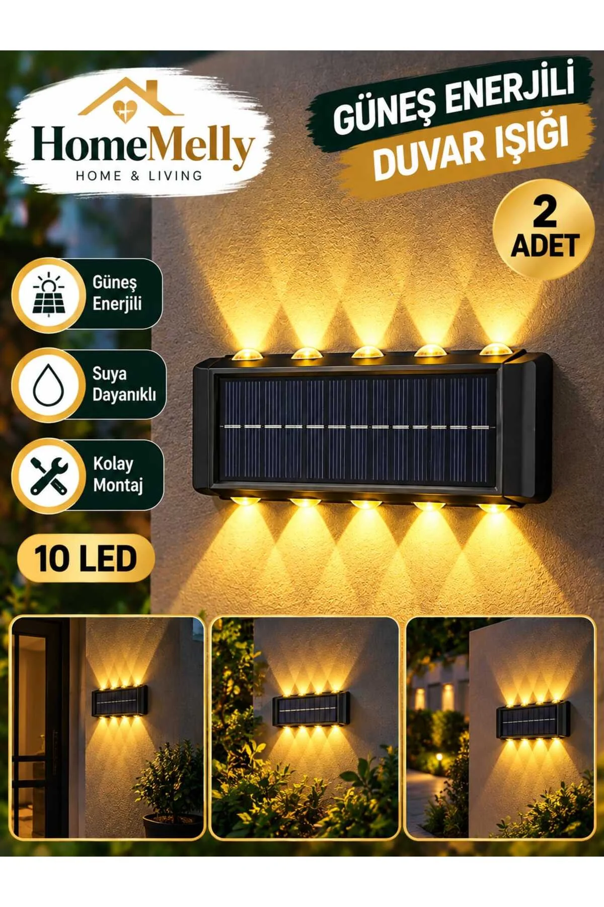2 Adet Sensörlü Duvar Bahçe Işığı - Solar İkili LED Lamba - Çift Taraflı- Güneş Enerjili Aydınlatma