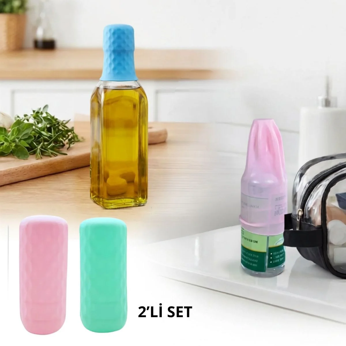 2 Adet Silikon Şişe Kapağı – Seyahat Tipi Sızdırmaz Elastik Şampuan, Losyon ve Parfüm Şişesi Koruyucu 2 Adet Silikon Şişe Kapağı – Seyahat Tipi Sızdırmaz Elastik Şampuan, Losyon ve Parfüm Şişesi Koruyucu