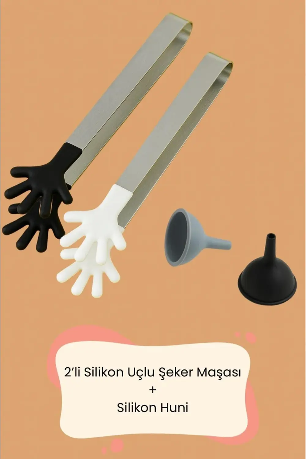 2 adet Silikon Uçlu Şeker Maşası ve Silikon 1 adet Huni – Pratik
