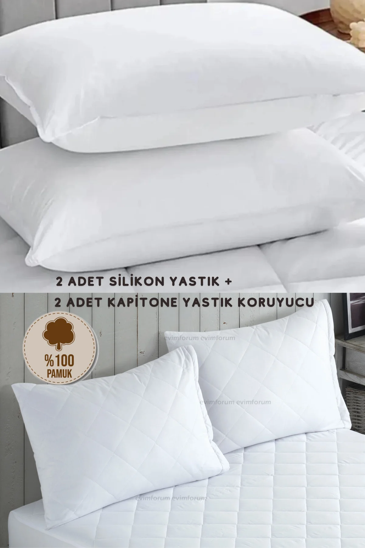 2 Adet Silikon Yastık Ve 2 Adet %100 Pamuk Kapitone Yastık Koruyu