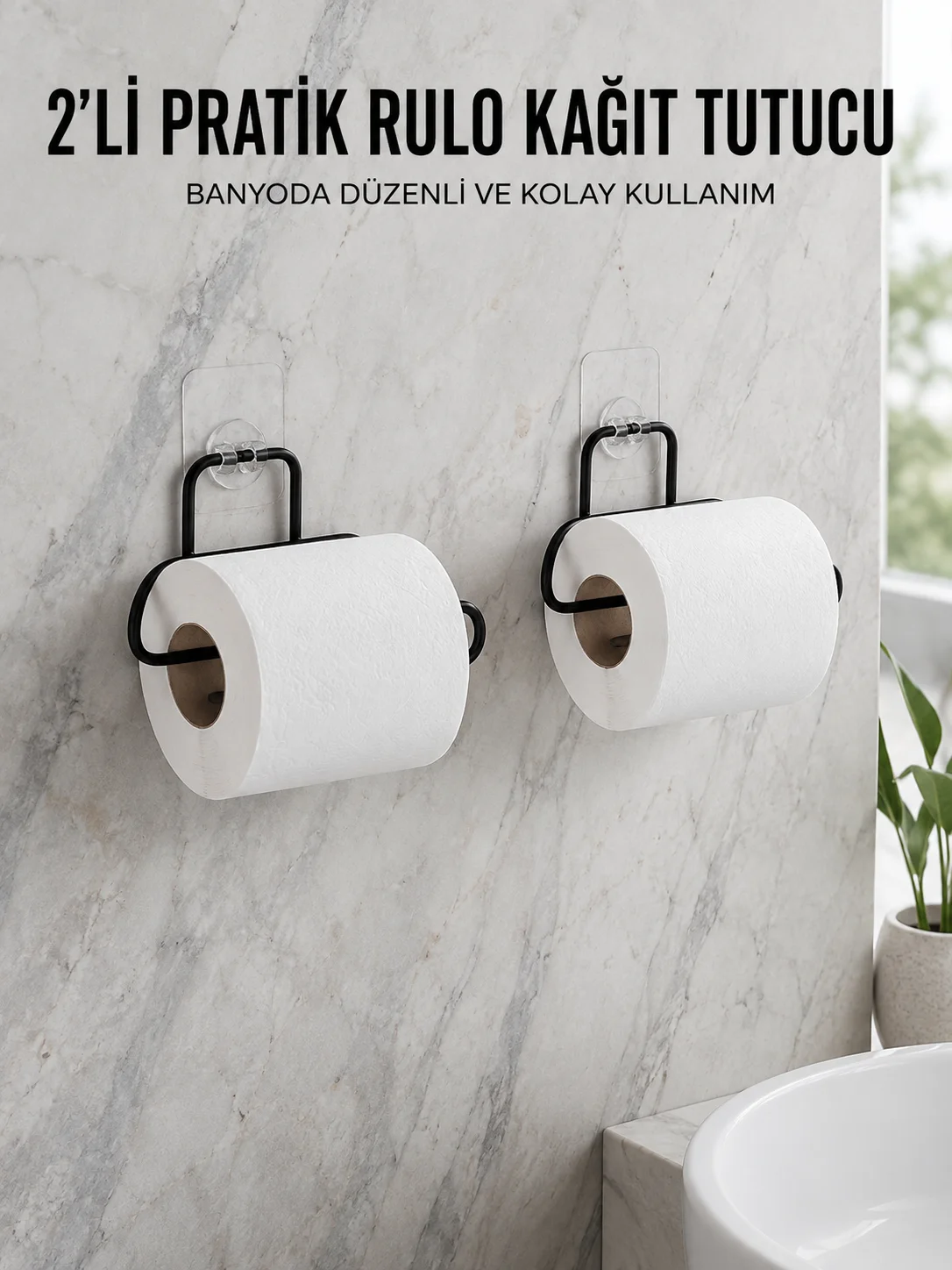 2 Adet Siyah Yapışkanlı Kağıtlık Duvar Tipi Tuvalet Kağıdı ve Rulo Tutucu