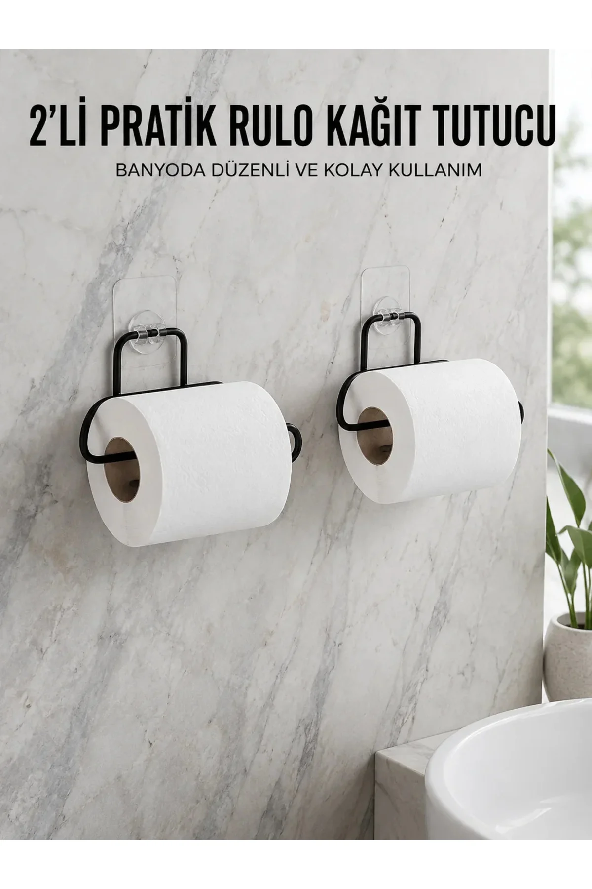 2 Adet Siyah Yapışkanlı Kağıtlık Duvar Tipi Tuvalet Kağıdı ve Rulo Tutucu