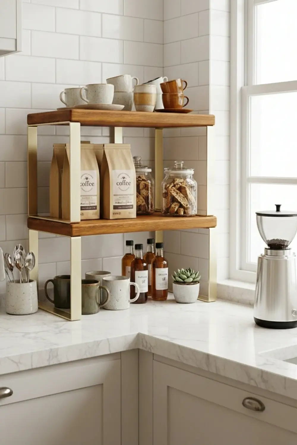 2 Adet Tezgah Üstü Ahşap Raf Kahve Köşesi Organizer Banyo Mutfak