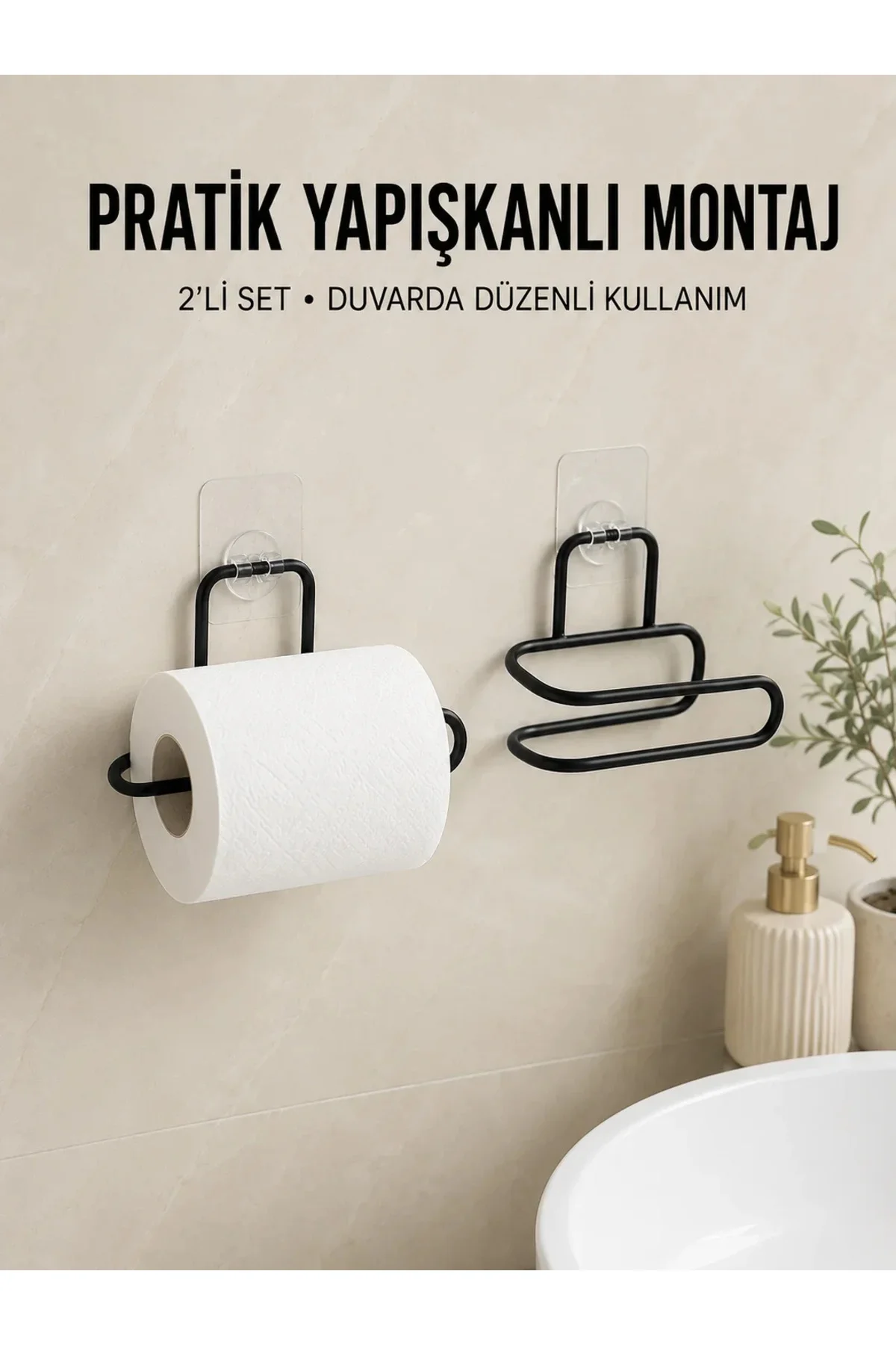 2 Adet Yapışkanlı WC Kağıtlık Siyah Metal Pratik Duvar Tipi Rulo Tutucu