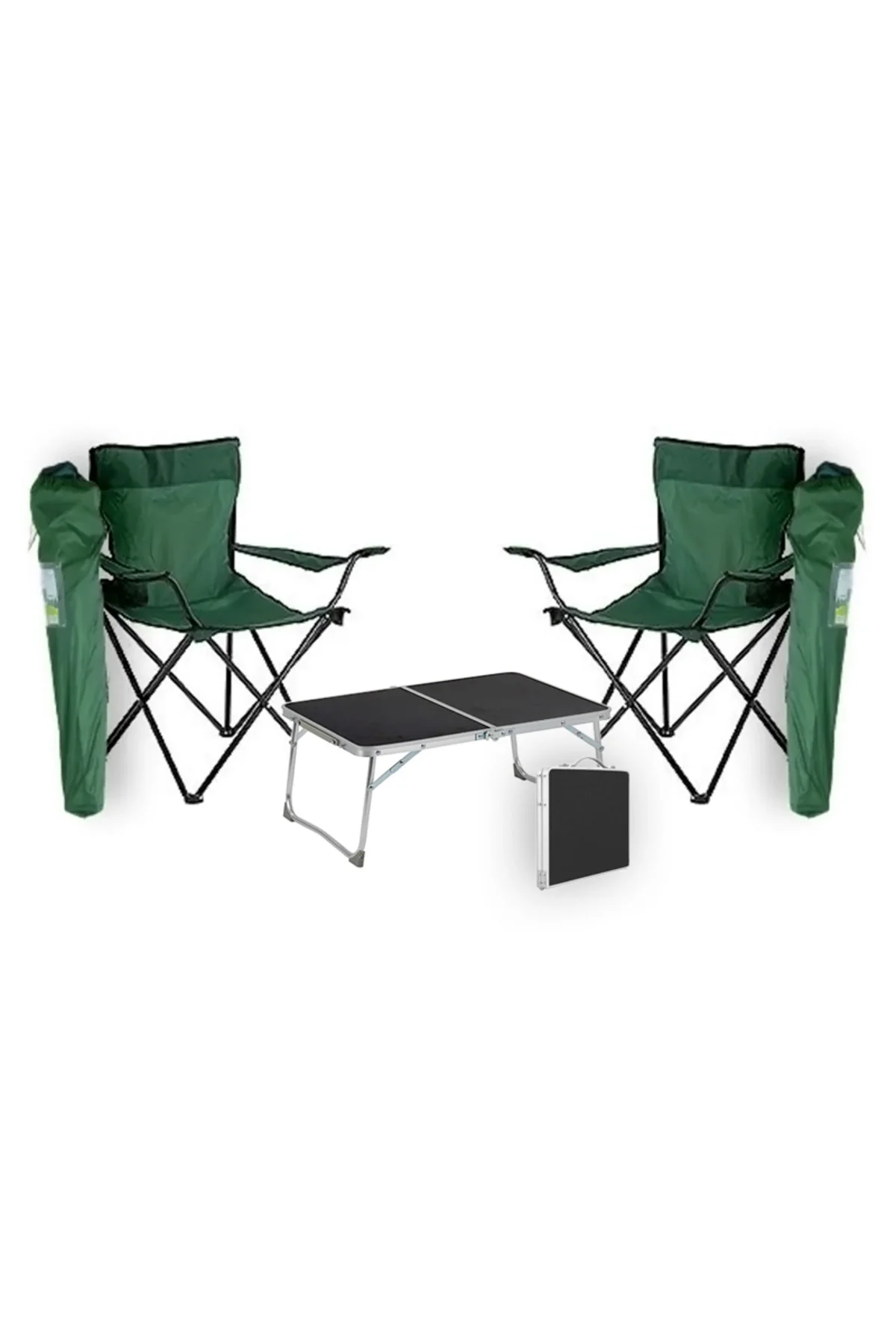 2 Adet Yeşil Katlanır Kamp Sandalyesi ve 1 Adet Katlanır Kamp Mas