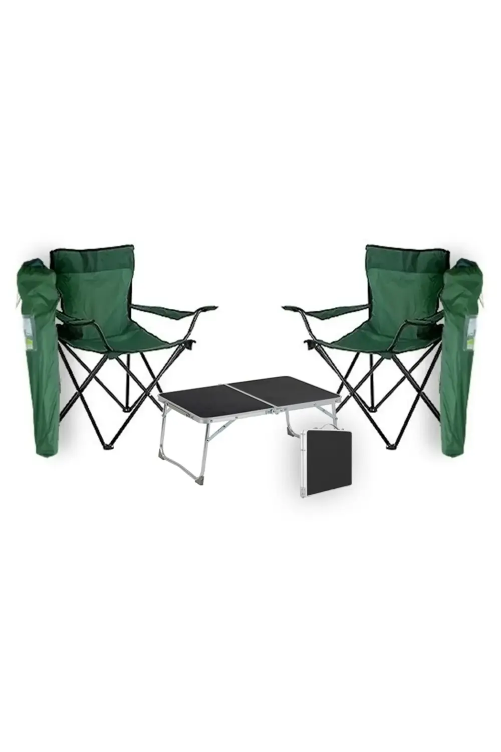 2 Adet Yeşil Katlanır Kamp Sandalyesi ve 1 Adet Katlanır Kamp Mas