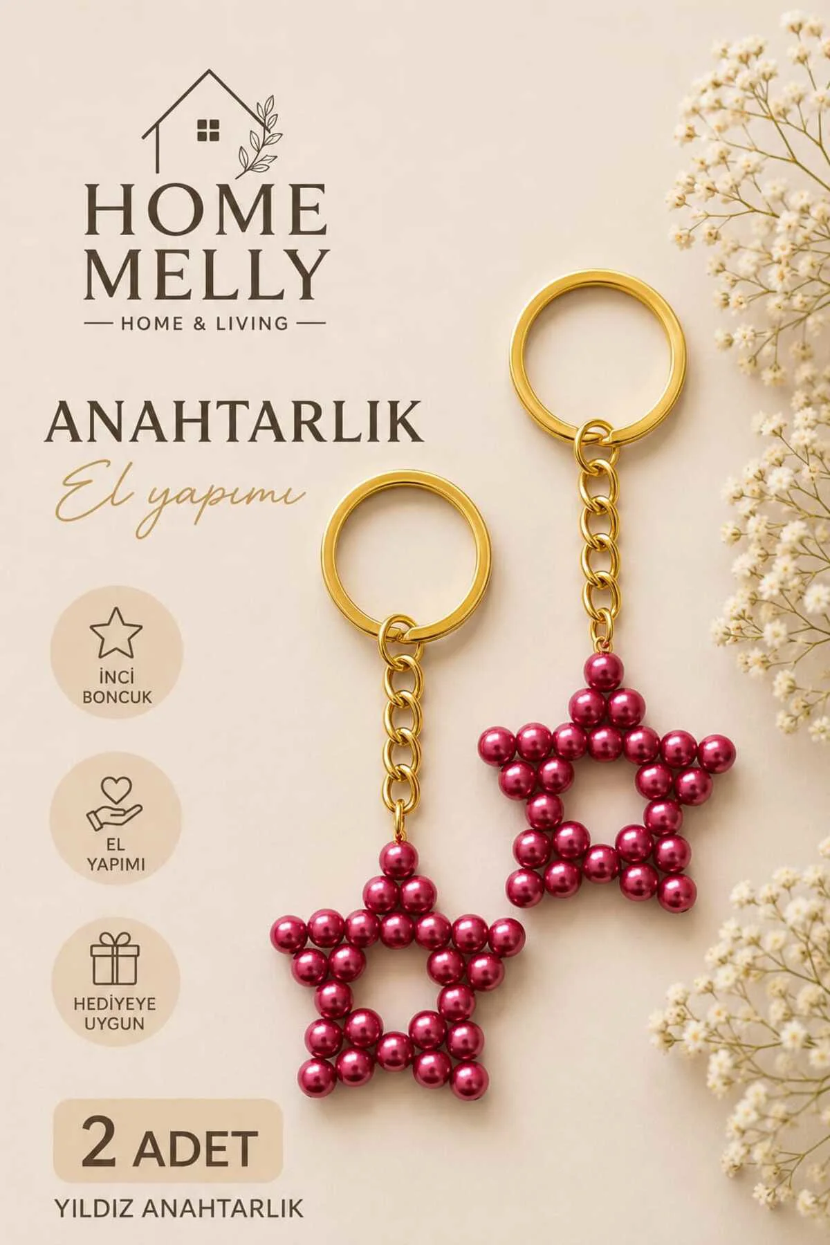 2 Adet Yıldız Model İnci Anahtarlık Hand Made Hediyelik