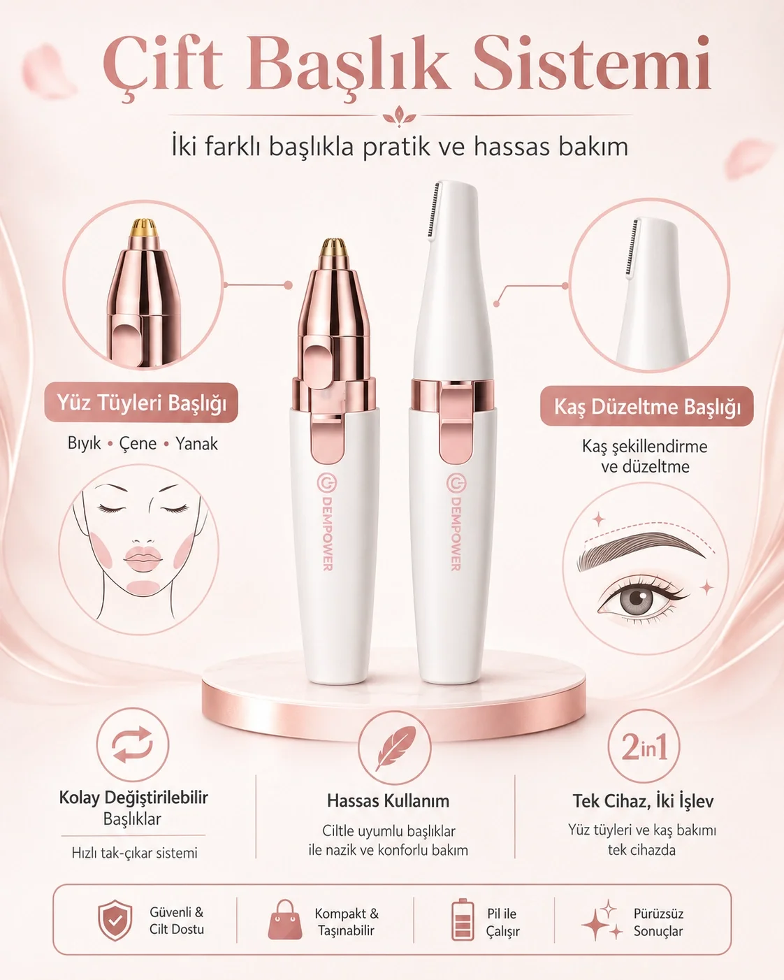 2 Başlıklı Kadın Epilasyon Aleti Kaş Şekillendirici ve Yüz Tüy Al