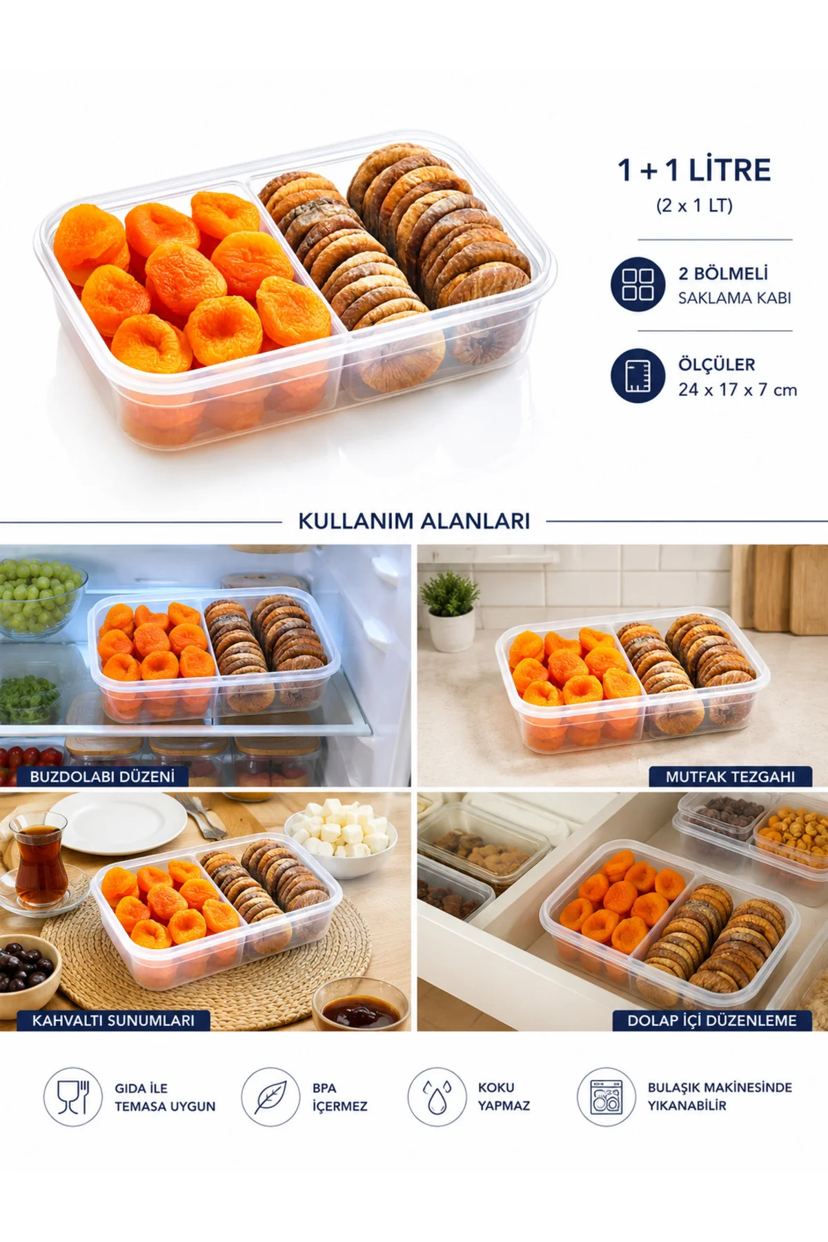 2 Bölmeli Kilitli Saklama Kabı 1+1 Litre – Kuru Meyve, Kuruyemiş 