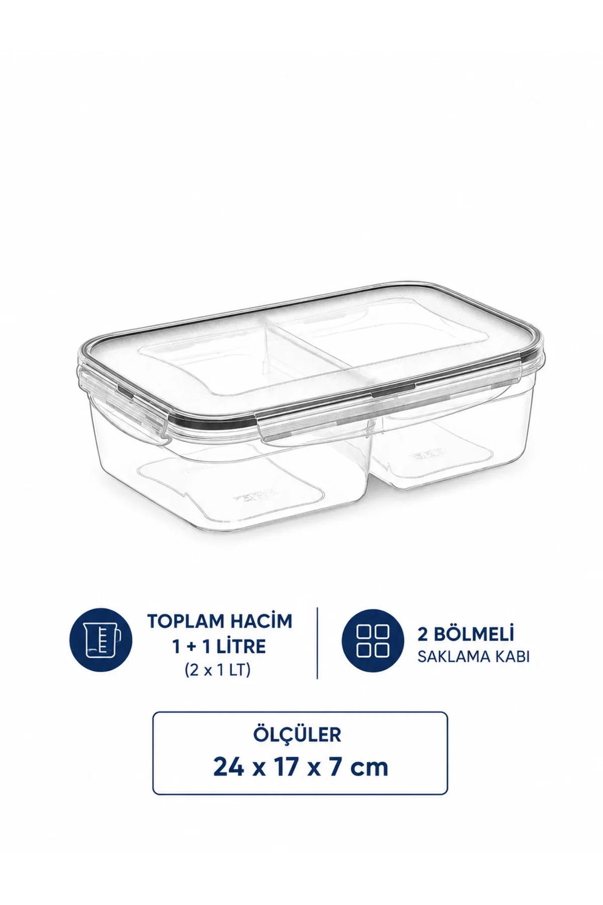 2 Bölmeli Kilitli Saklama Kabı 1+1 Litre – Kuru Meyve, Kuruyemiş 
