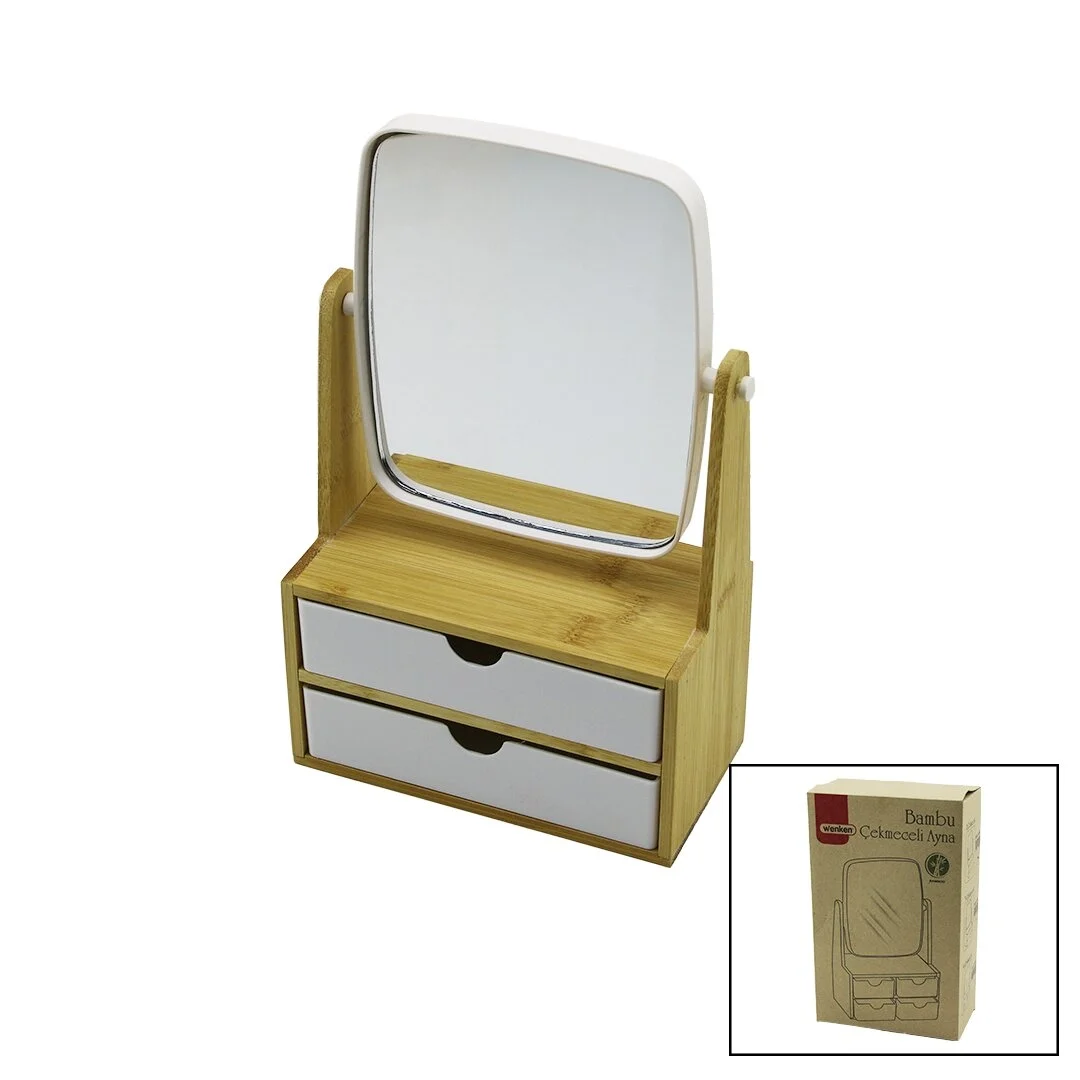 2 Çekmeceli Bambu Ahşap Standlı=9x9.9x17.8x21.5cm Makyaj Aynası=15x18cm Takılık 1+1 Organizer Bx40 Fiyatı, Yorumları ve Özellikleri