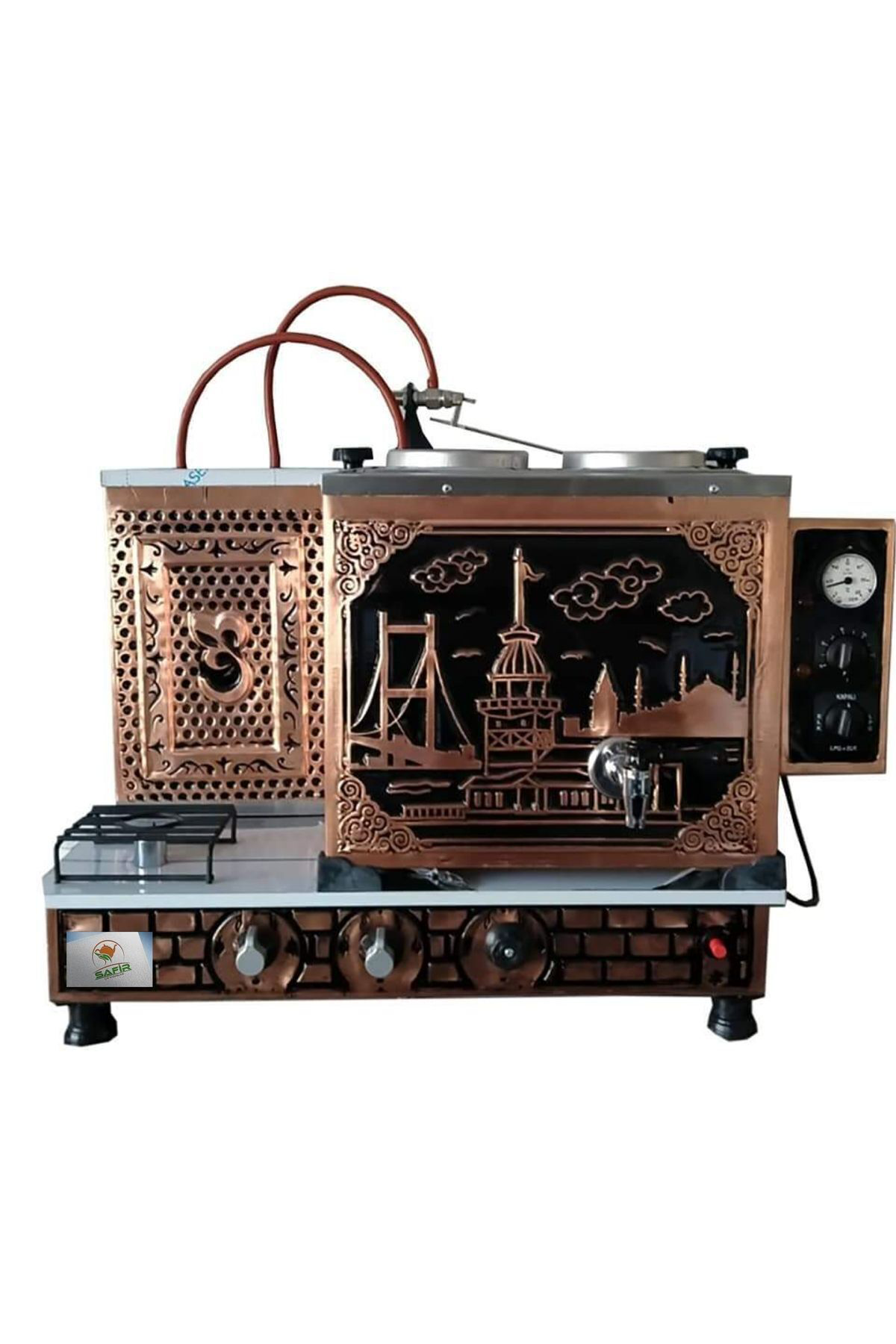 2 Demlikli Bakır Çay Ocağı Boğaziçi model 2 Gözlü Bakır Çay Kazan