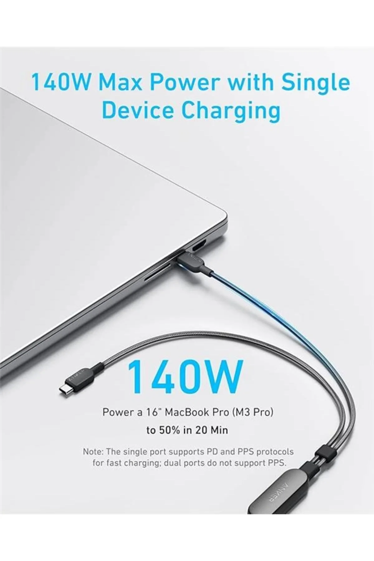 2-in-1 USB-C to USB-C 140 W Kablo A8895, Siyah