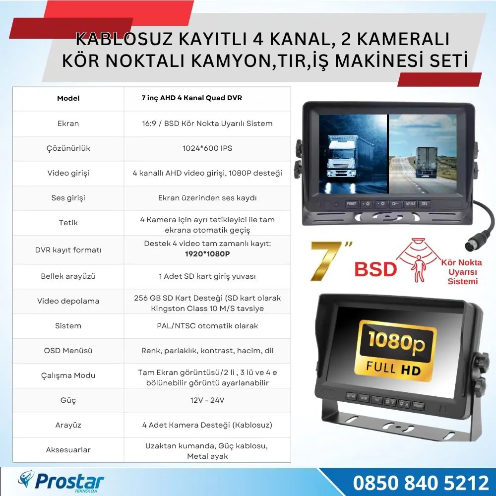 2 Kablosuz Kameralı 7 inç Kayıtlı Monitör Full HD BSD Kör Nokta U