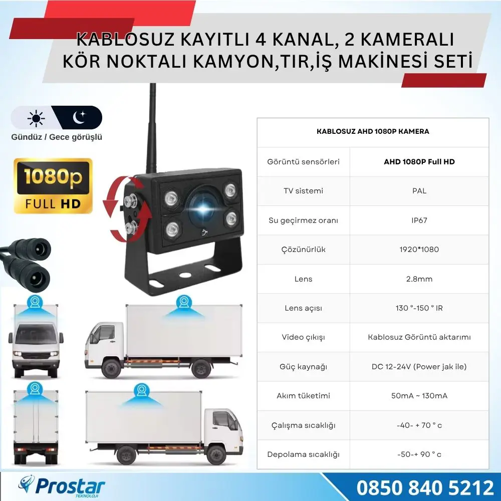 2 Kablosuz Kameralı 7 inç Kayıtlı Monitör Full HD BSD Kör Nokta U