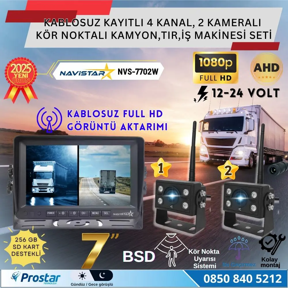 2 Kablosuz Kameralı 7 inç Kayıtlı Monitör Full HD BSD Kör Nokta U