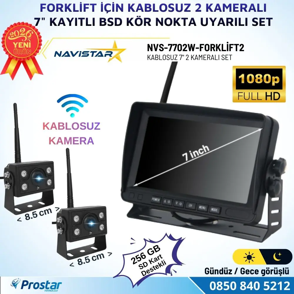 2 Kablosuz Kameralı Forklift Güvenlik Sistemi 7 inç AHD Ekran 2+1