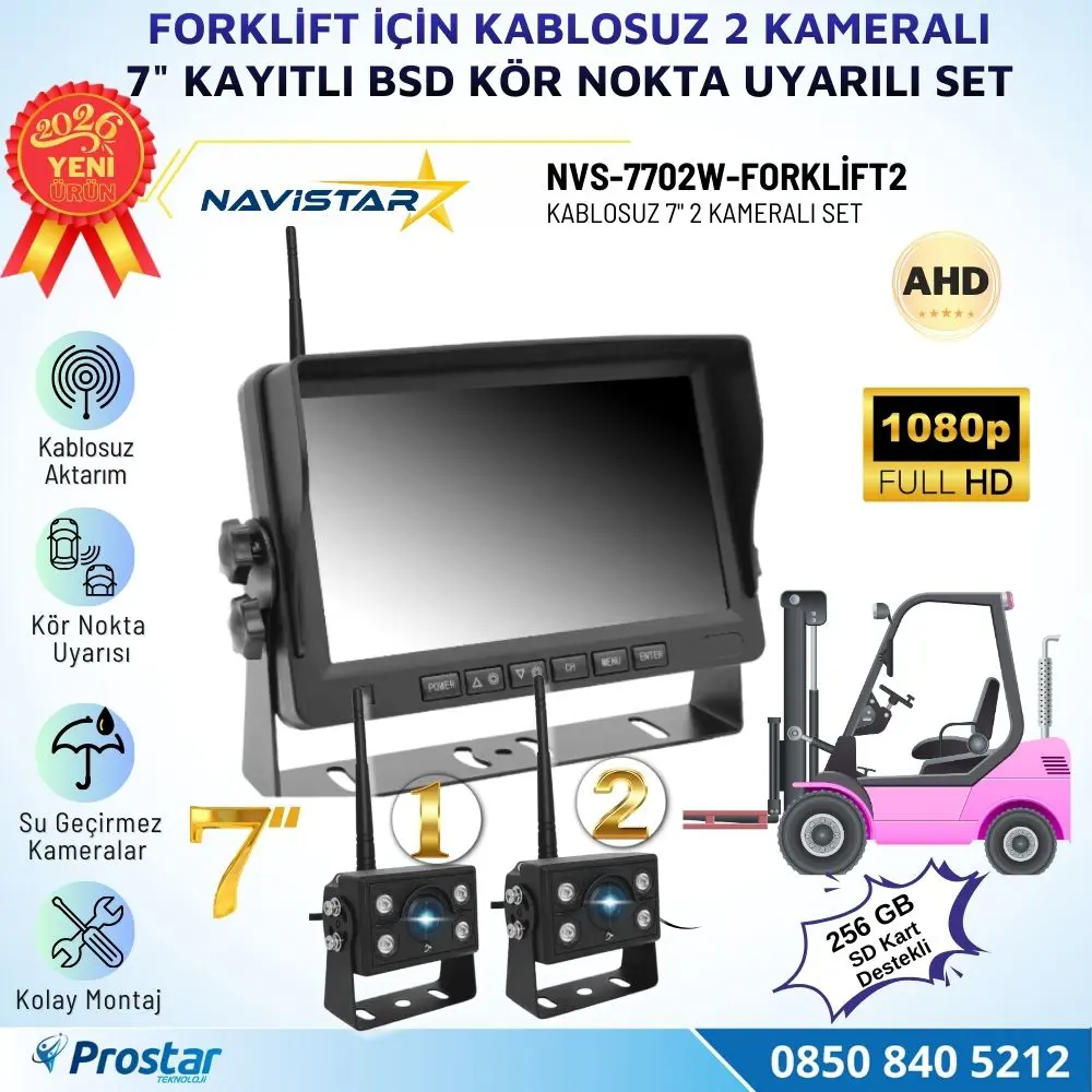 2 Kablosuz Kameralı Forklift Güvenlik Sistemi 7 inç AHD Ekran 2+1