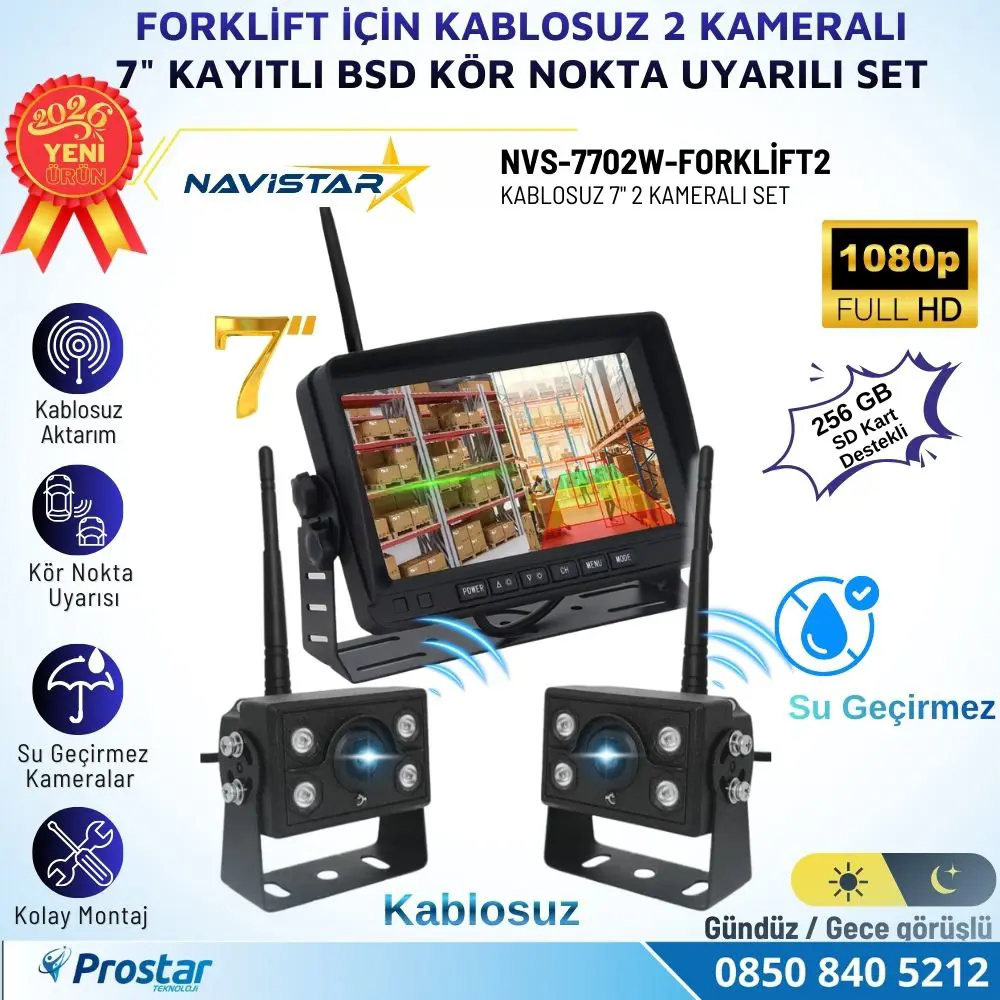2 Kablosuz Kameralı Forklift Güvenlik Sistemi 7 inç AHD Ekran 2+1