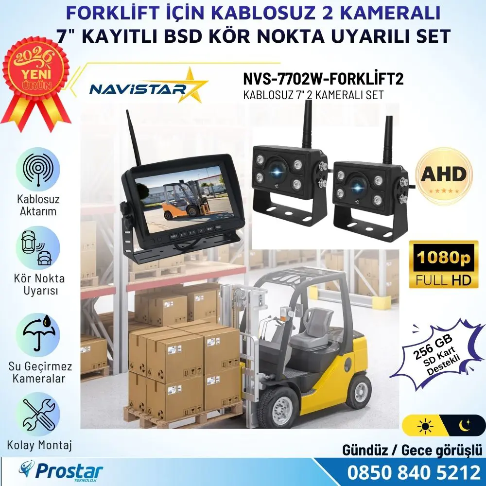 2 Kablosuz Kameralı Forklift Güvenlik Sistemi 7 inç AHD Ekran 2+1
