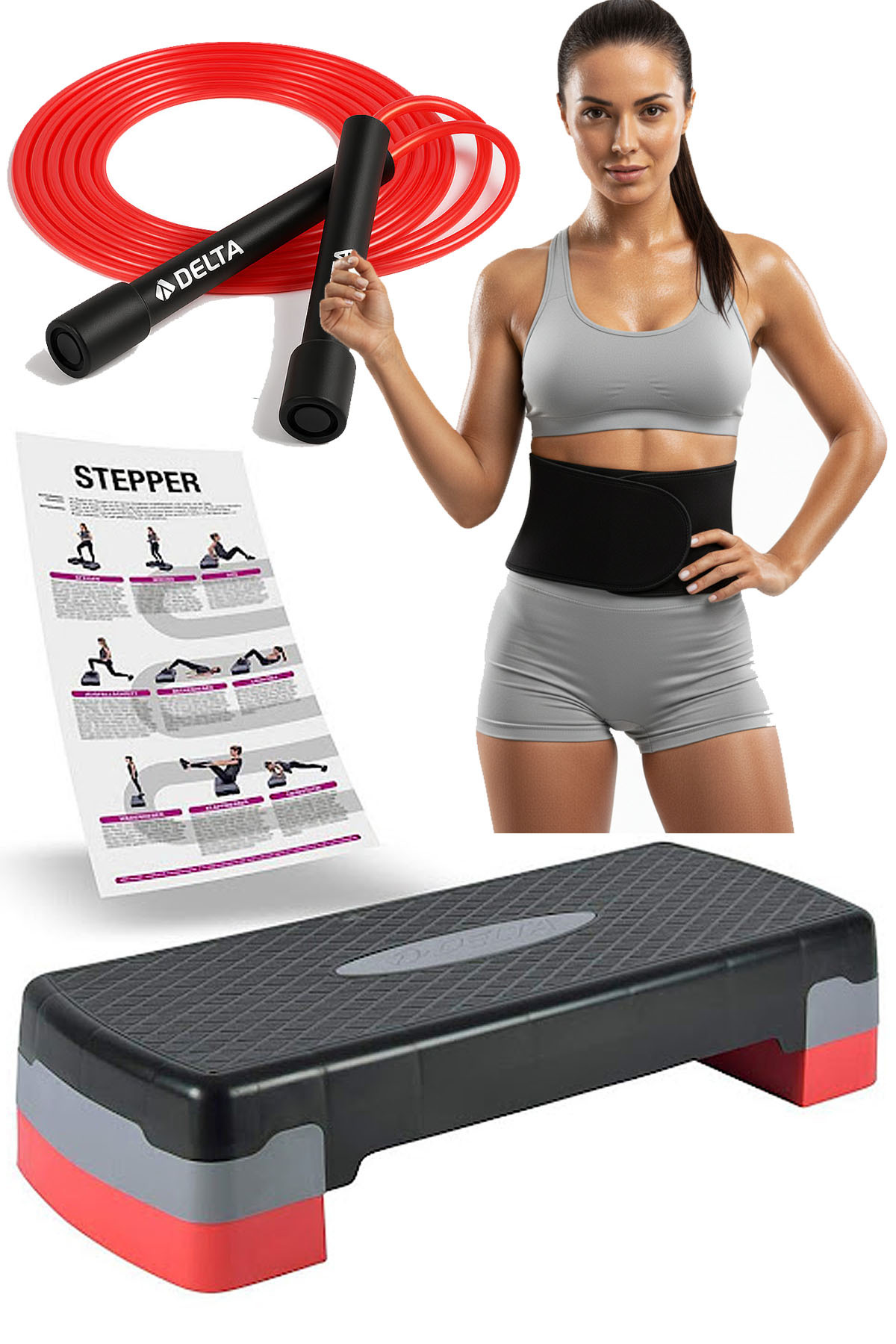 Delta 2 Kademeli Step Tahtasi 3'Lü Set | Evde Spor Atlama İpi Ve Terlem