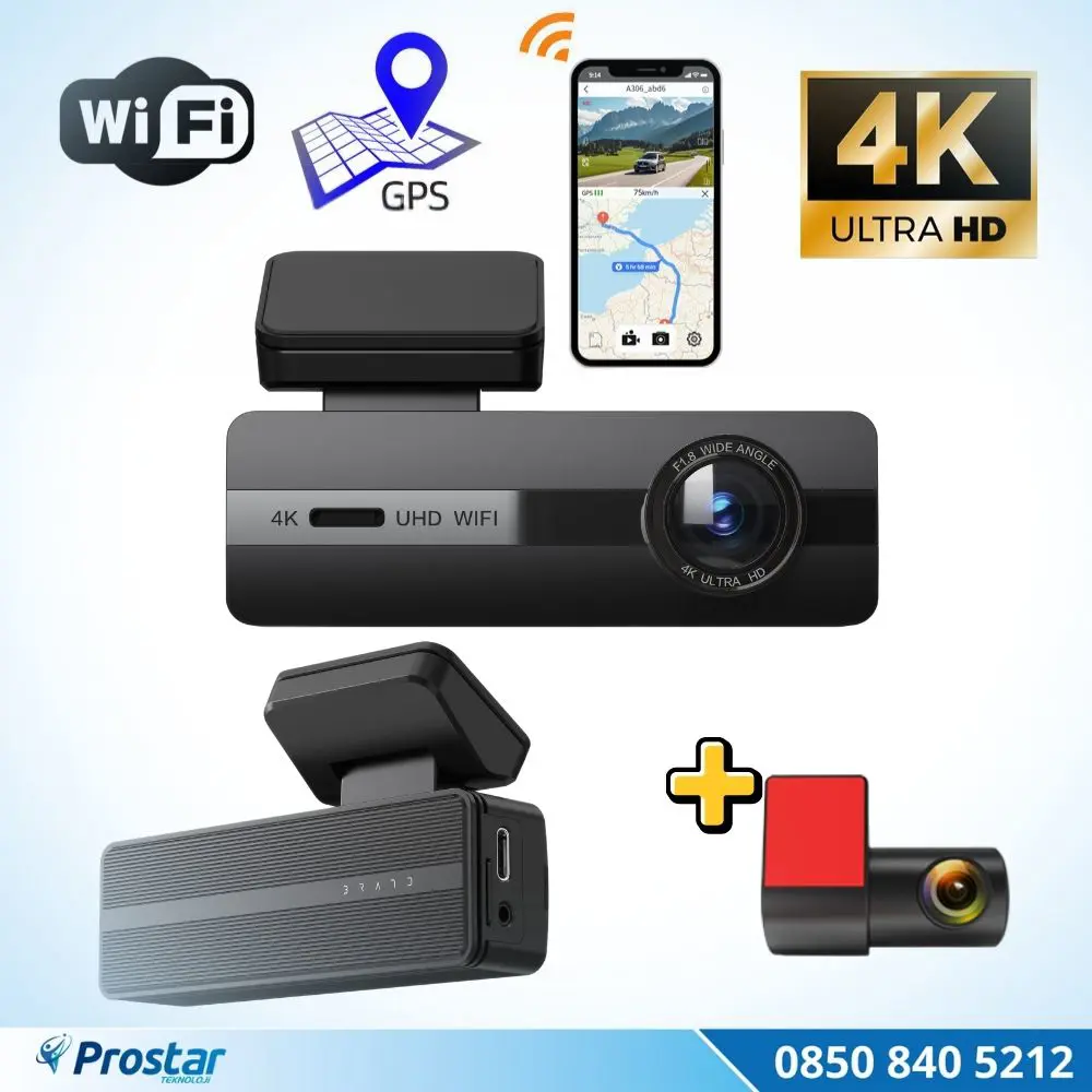 2 Kameralı 4K+1080P Ekransız WIFI GPS 24 Saat Park Modu Özellikli