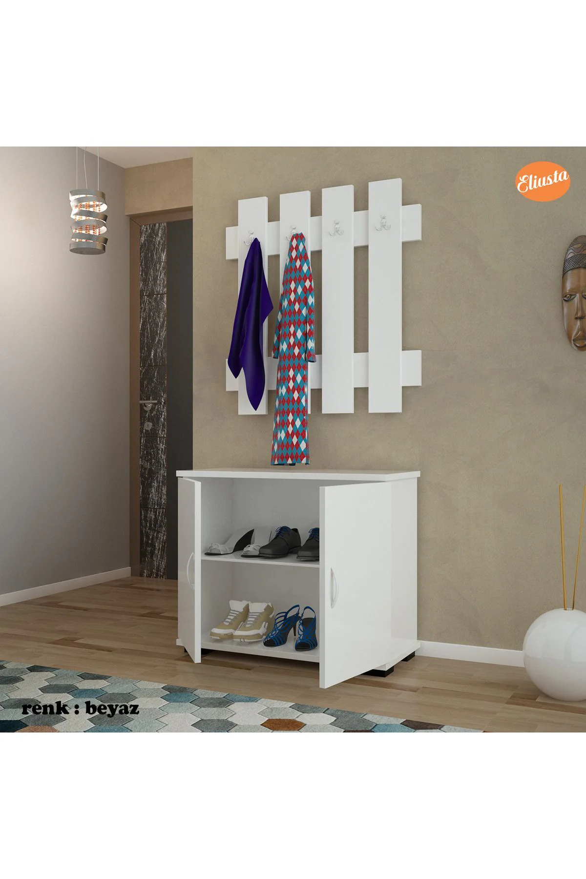 2 Kapılı Ayakkabılık Dolabı 4 Askılıklı Portmanto Vestiyer