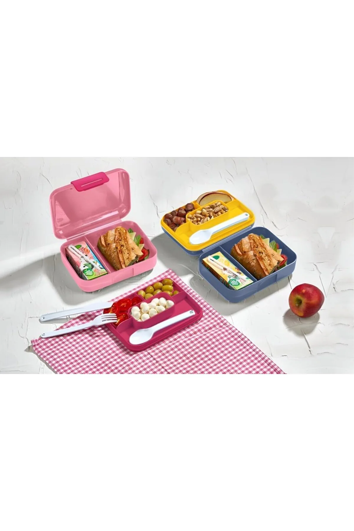 2 Katlı 1.6 Litre 3 Bölmeli Bento Öğle Yemeği Kutusu, Çatal Bıçak Kaşık Hediyeli
