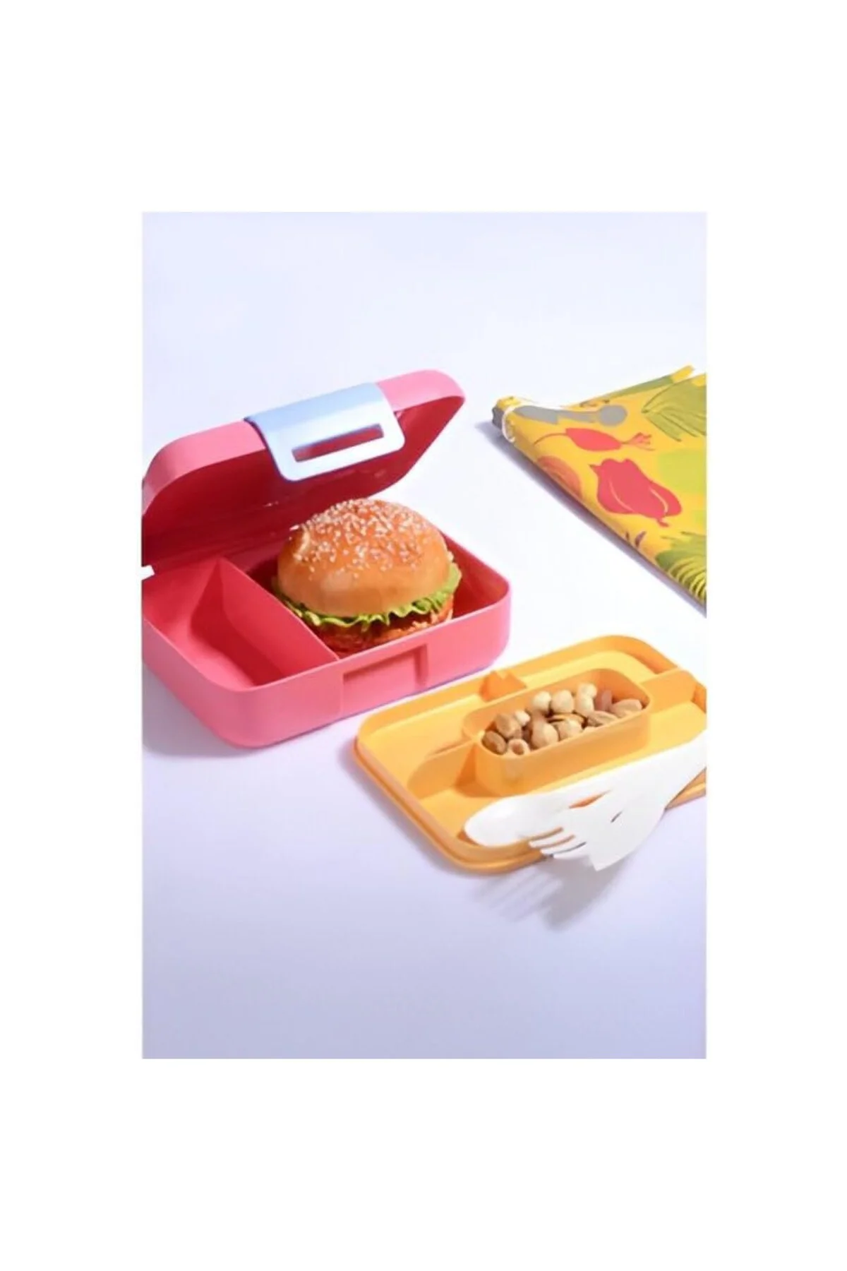 2 Katlı 1.6 Litre 3 Bölmeli Bento Öğle Yemeği Kutusu, Çatal Bıçak Kaşık Hediyeli