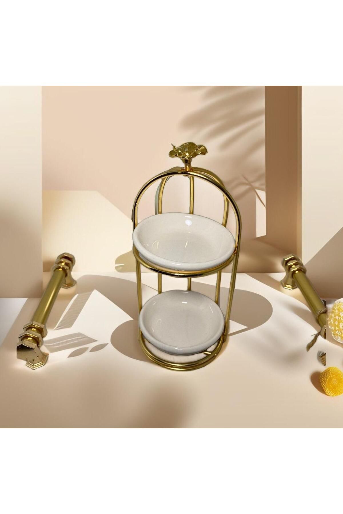 Elif Aksesuar 2 Katlı Gold Metal Kafes Lokumluk Çerezlik