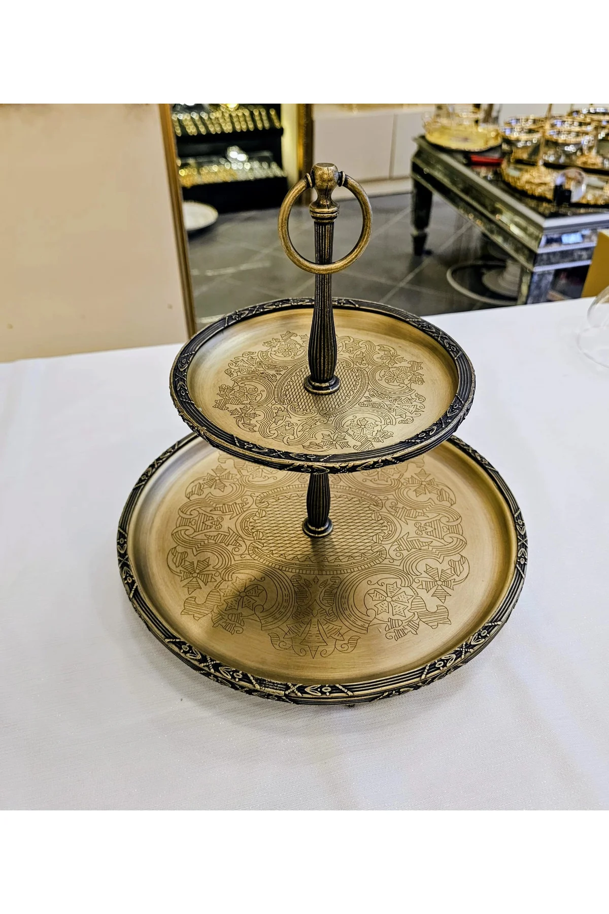 2 KATLI PASLANMAZ ÇELİK SUNUM TABAĞI 22/15 CM ANTİK