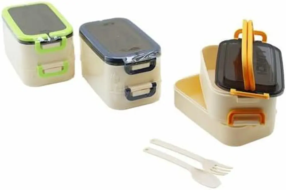 2 Katlı Plastik Saklama Kabı Çatal Kaşıklı Beslenme Kabı 1260 ml 