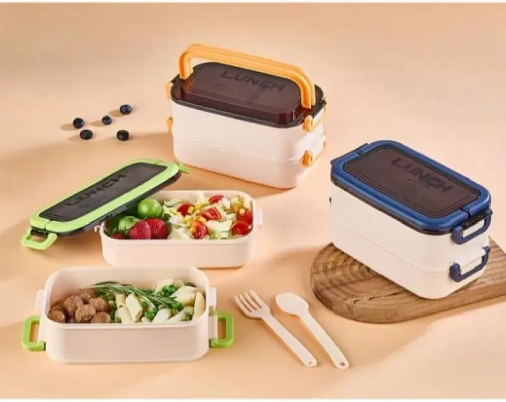 2 Katlı Plastik Saklama Kabı Çatal Kaşıklı Beslenme Kabı 1260 ml 