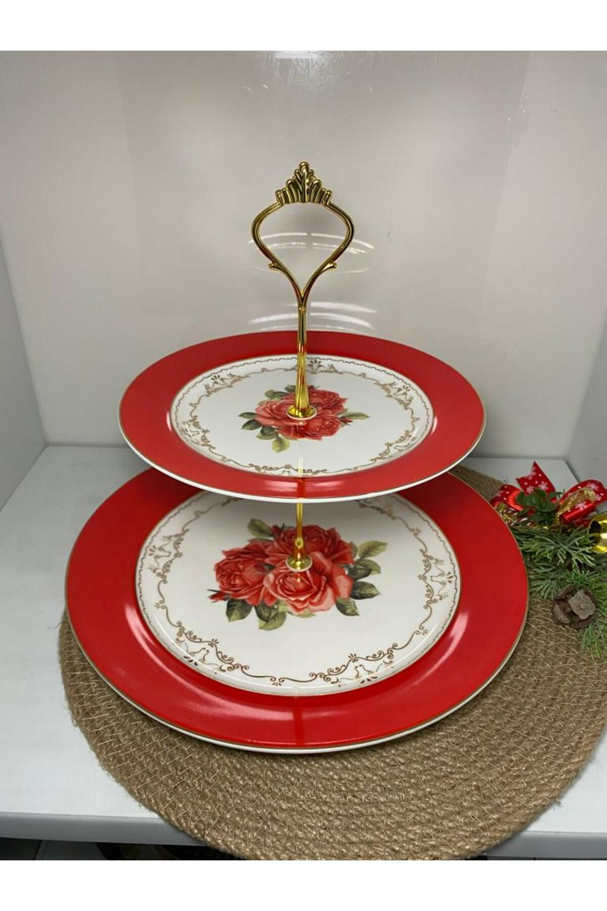 Elif Aksesuar 2 Katlı Porselen Kırmızı Kurabiyelik Sunum Tabağı