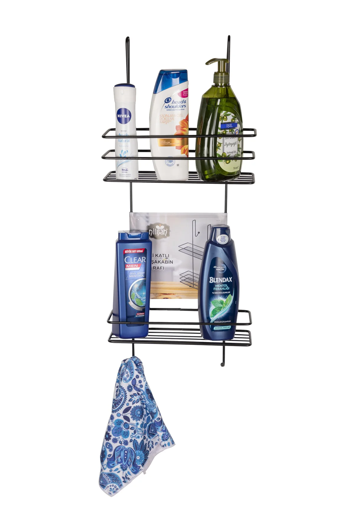 2 Katlı Siyah Duşakabin Banyo Askılığı Şampuanlık