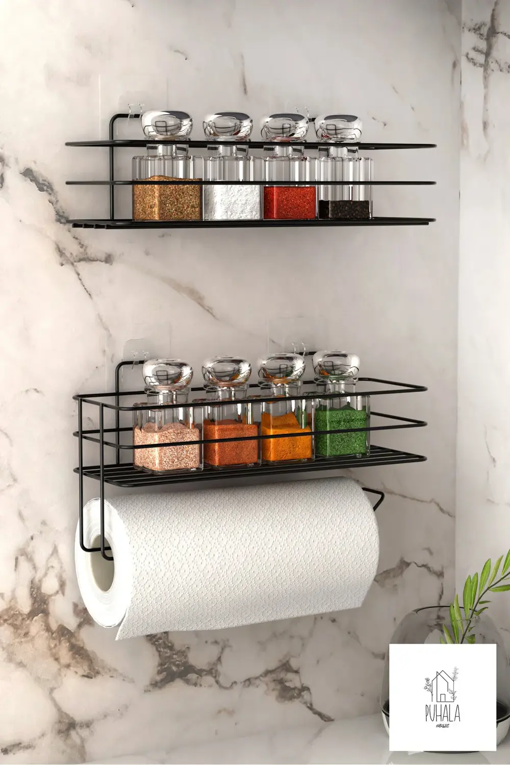 2 Katlı Yapışkanlı Baharat Rafı, Paslanmaz Metal Yapışkanlı Bahar