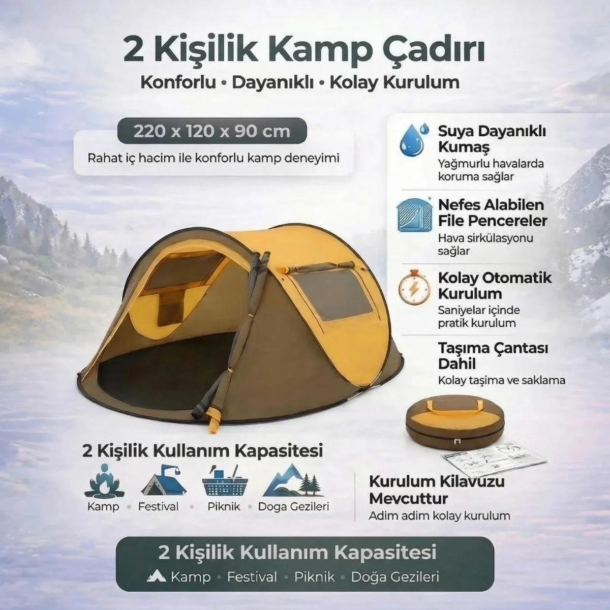 2 Kişilik Vagon Tipi Yarı Otomatik Kamp Çadırı – Çift Kapılı, Çift Pencereli, Hafif Taşınabilir Outdoor Doğa Çadırı 220x120x90 Cm Bx40 Fiyatı, Yorumları ve Özellikleri