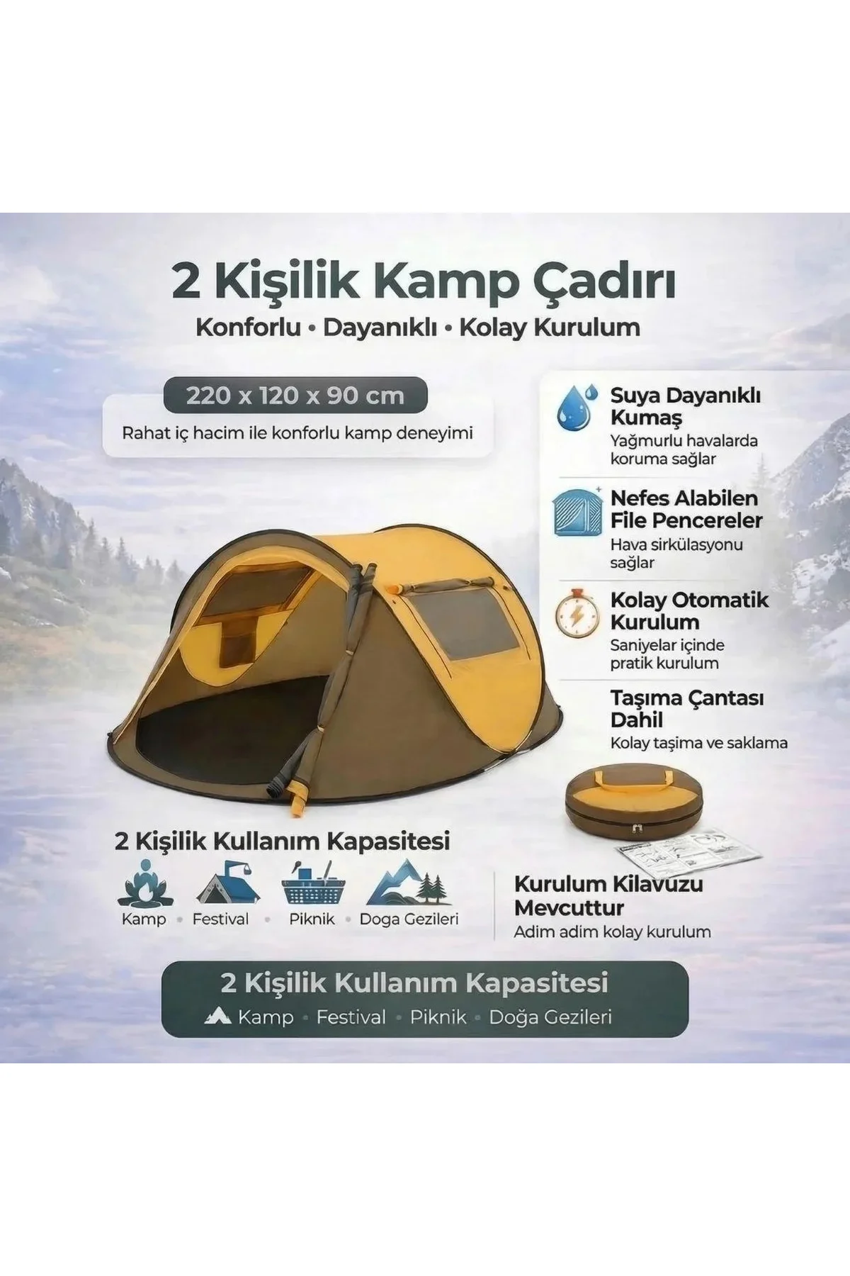 2 Kişilik Vagon Tipi Yarı Otomatik Kamp Çadırı – Çift Kapılı, Çift Pencereli, Hafif Taşınabilir Outd 2 Kişilik Vagon Tipi Yarı Otomatik Kamp Çadırı – Çift Kapılı, Çift Pencereli, Hafif Taşınabilir Outd