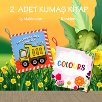 2 Kitap Tox İngilizce İş Makinaları ve Renkler Kumaş Sessiz Kitap