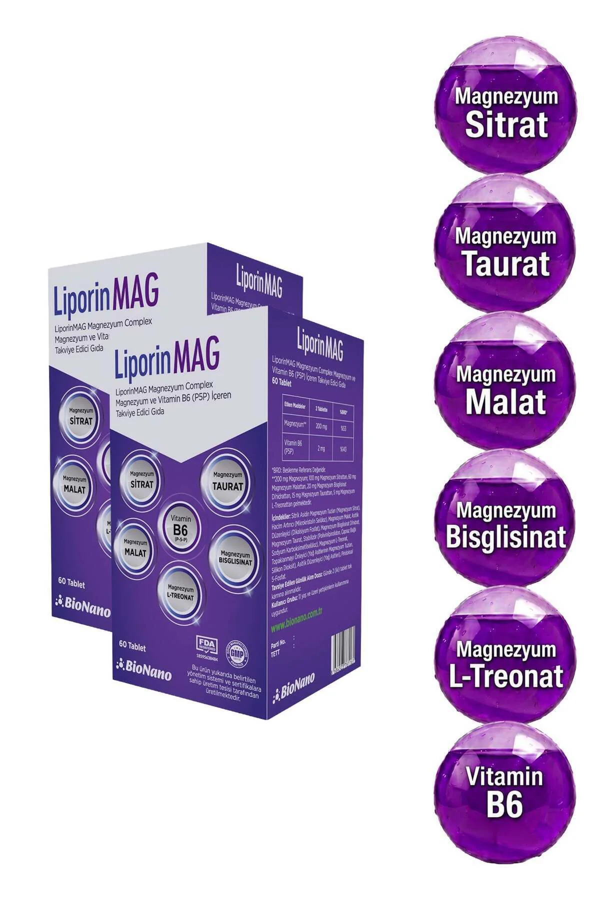 2 Kutu LiporinMAG Magnezyum Complex (Sitrat, Malat, Bisglisinat, Taurat, L-Treonat) B6 200 mg 2 Kutu LiporinMAG Magnezyum Complex (Sitrat, Malat, Bisglisinat, Taurat, L-Treonat) B6 200 mg
