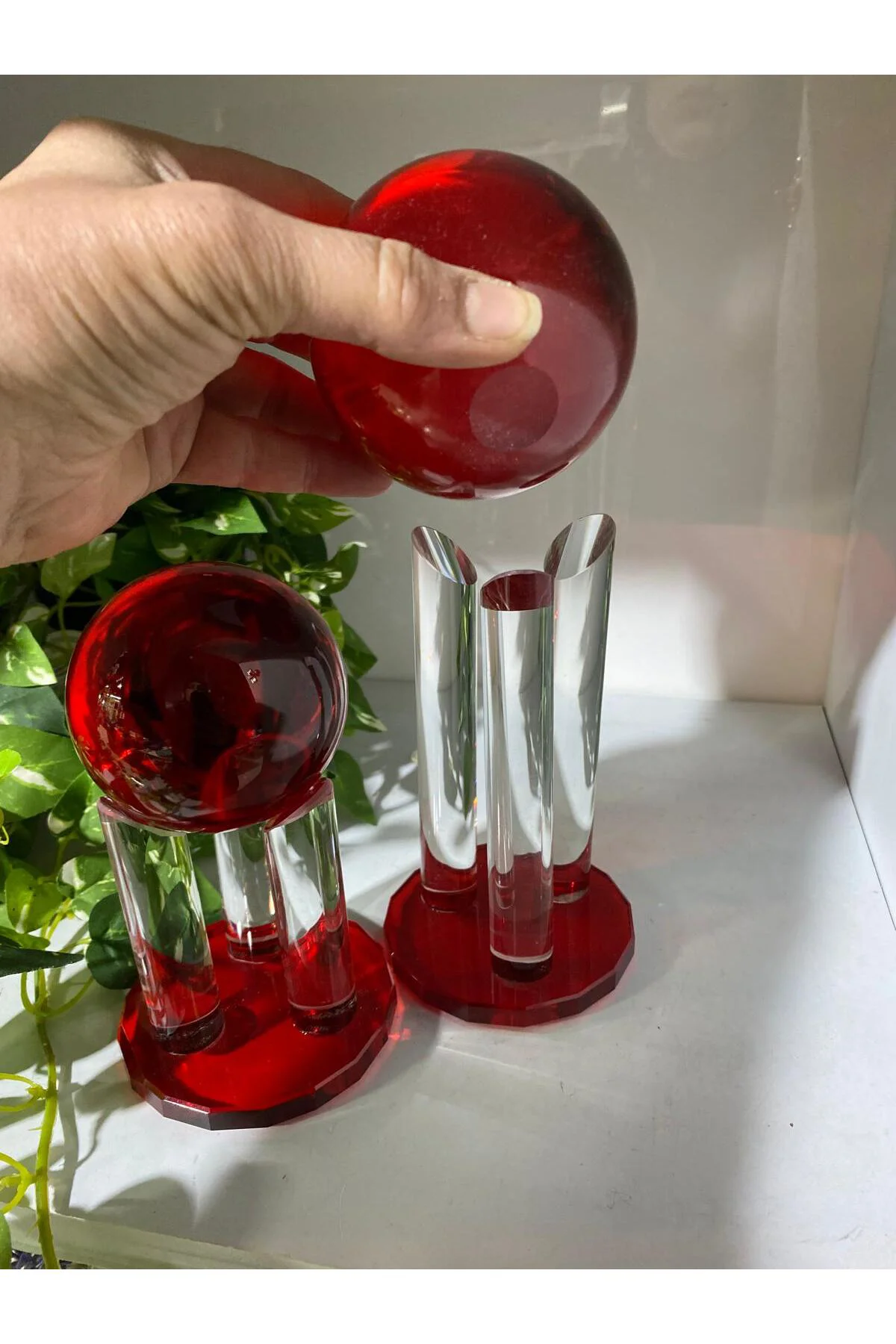 2 Li Kristal Dekoratif Çubuklu Küre Kırmızı