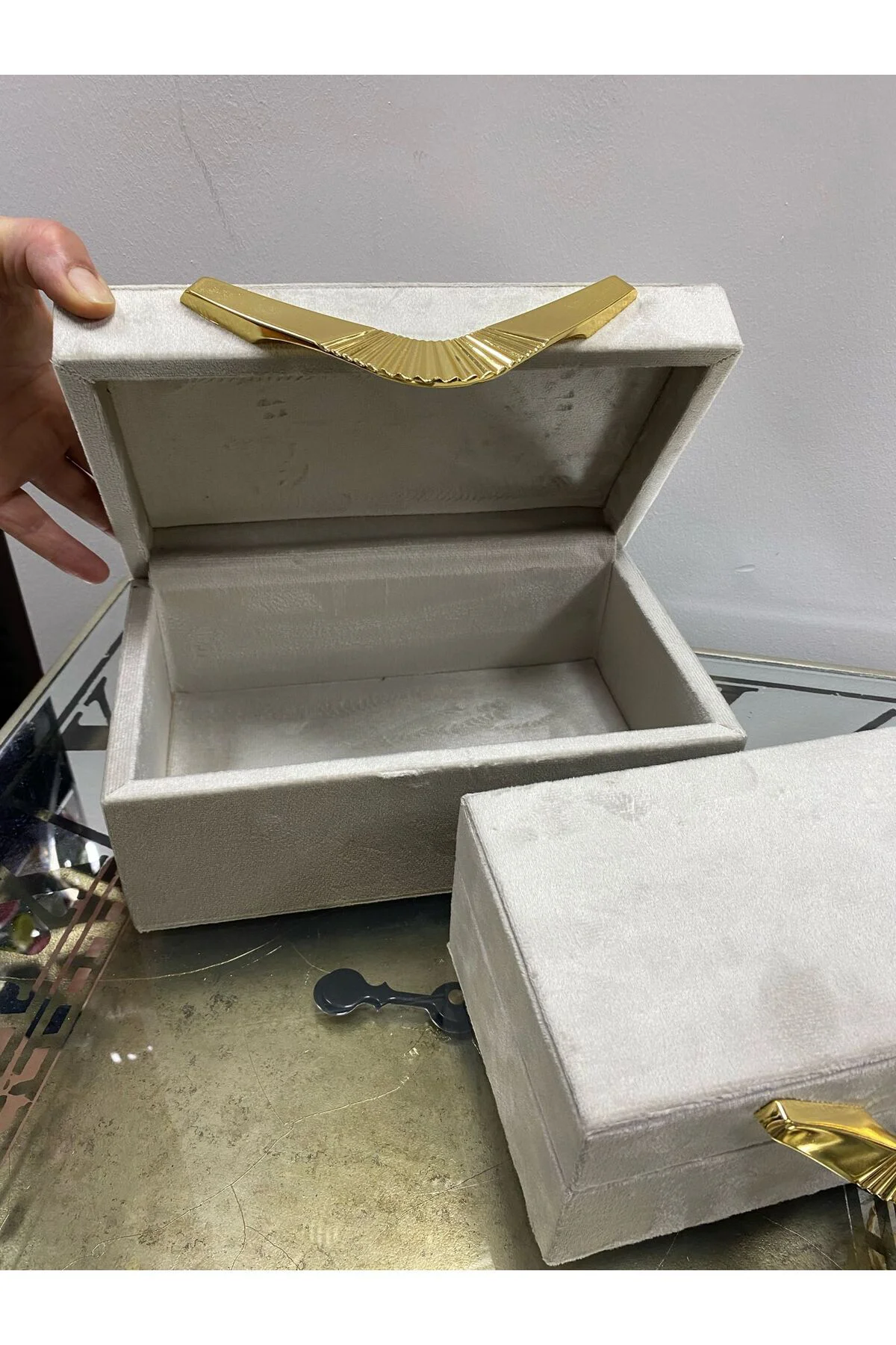 2 li Kumaş Kaplama Gold Detaylı Dekoratif Kutu