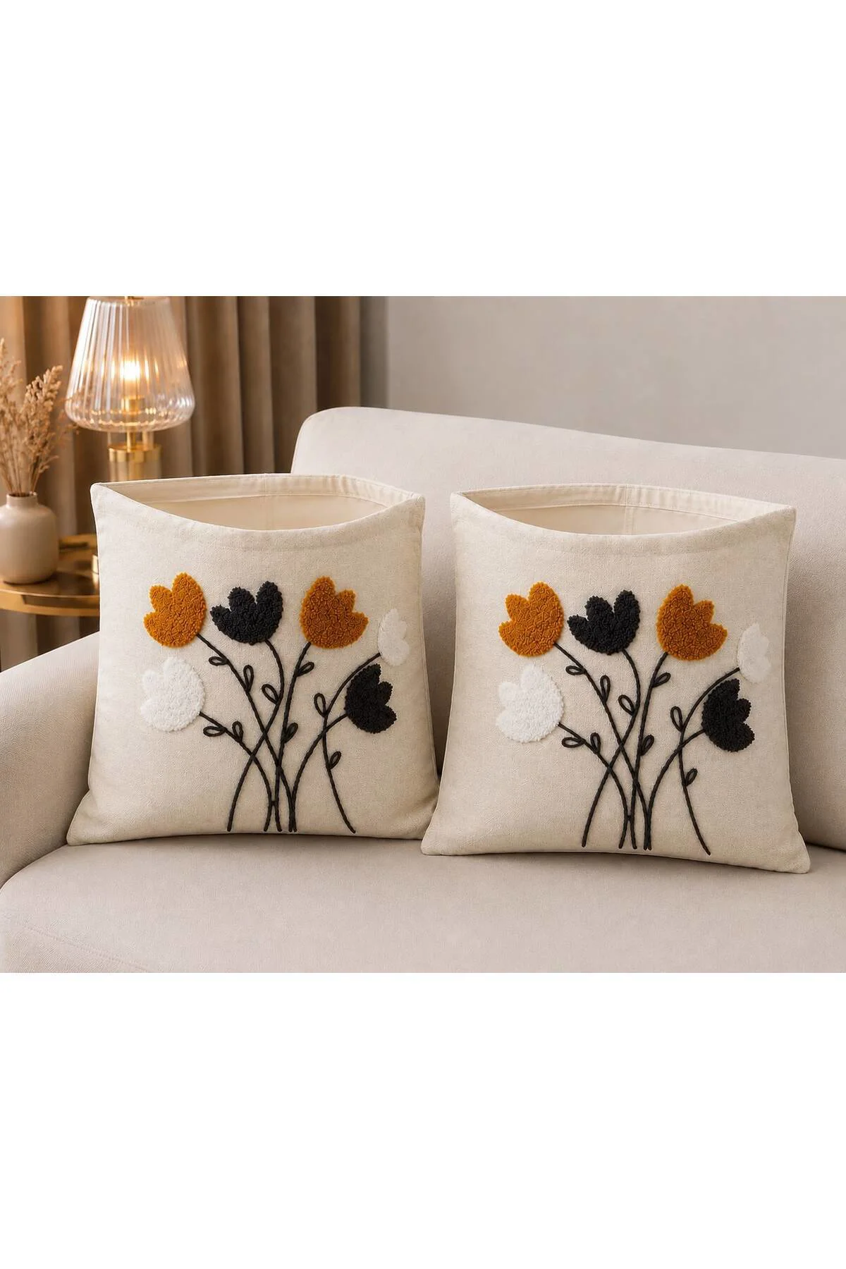 2 Li Punch İşleme Kırlent Kılıfı Fermuarlı 45x45 cm
