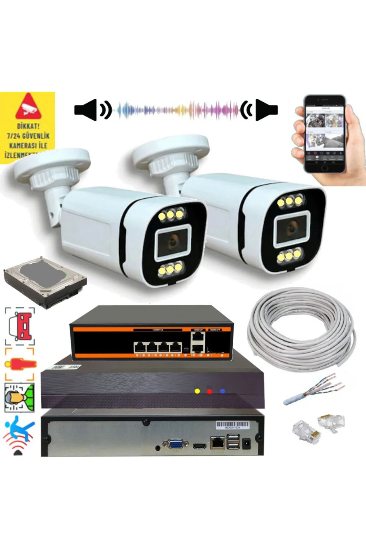 2 li Yapay Zeka Destekli 5 MP Görüntü POE li Sesli 6 Warm Led Gec